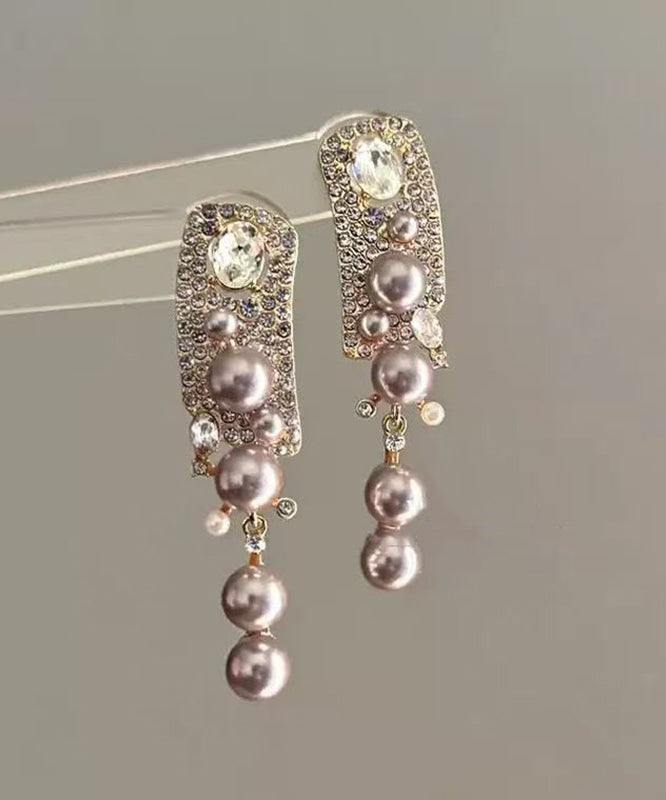 Boucles d'oreilles pendantes à pampilles en alliage de zircon et perles roses tendance - TrendAura