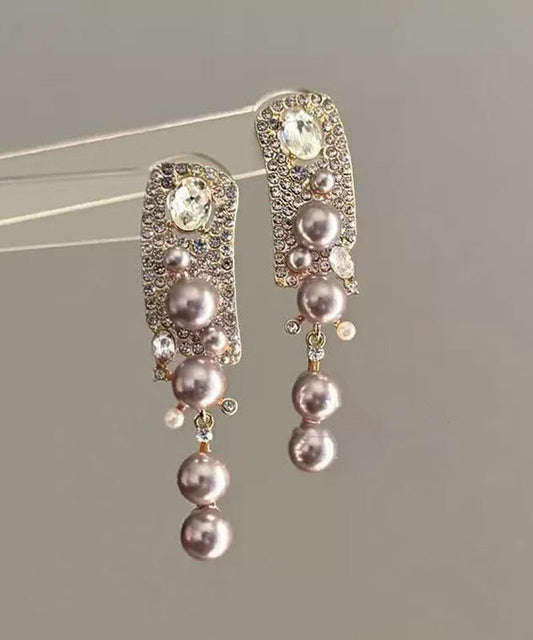 Boucles d'oreilles pendantes à pampilles en alliage de zircon et perles roses tendance - TrendAura