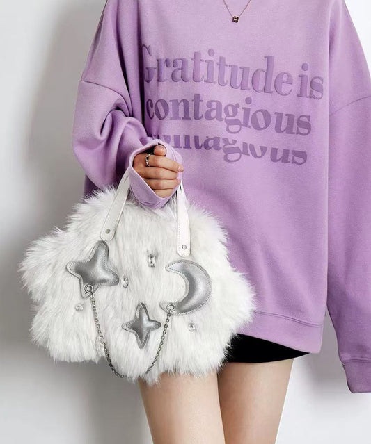 Sac à main fourre-tout tendance en fourrure blanche duveteuse avec chaîne - TrendAura