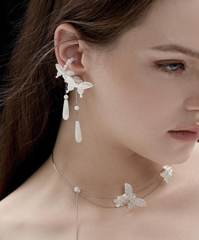 Boucles d'oreilles pendantes en argent sterling blanc avec perles et papillon - TrendAura