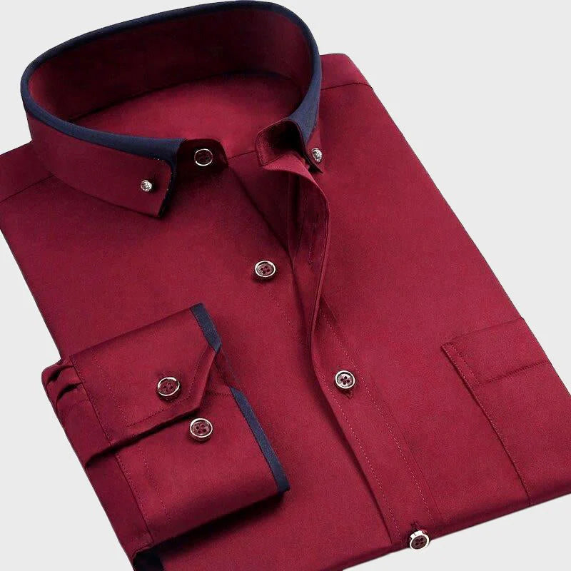 Joshua Slim Fit Solid Dress Shirt For Men Collared Long Sleeve With Button Front And Contrast Trim