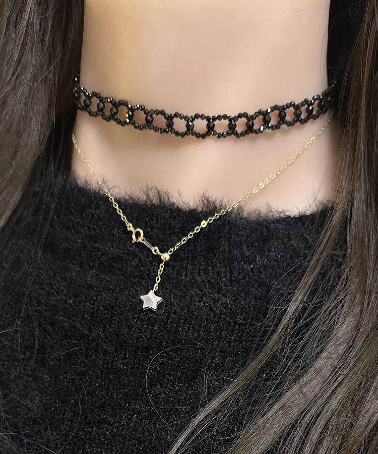 Collier chaîne en alliage de cristal noir fin - TrendAura
