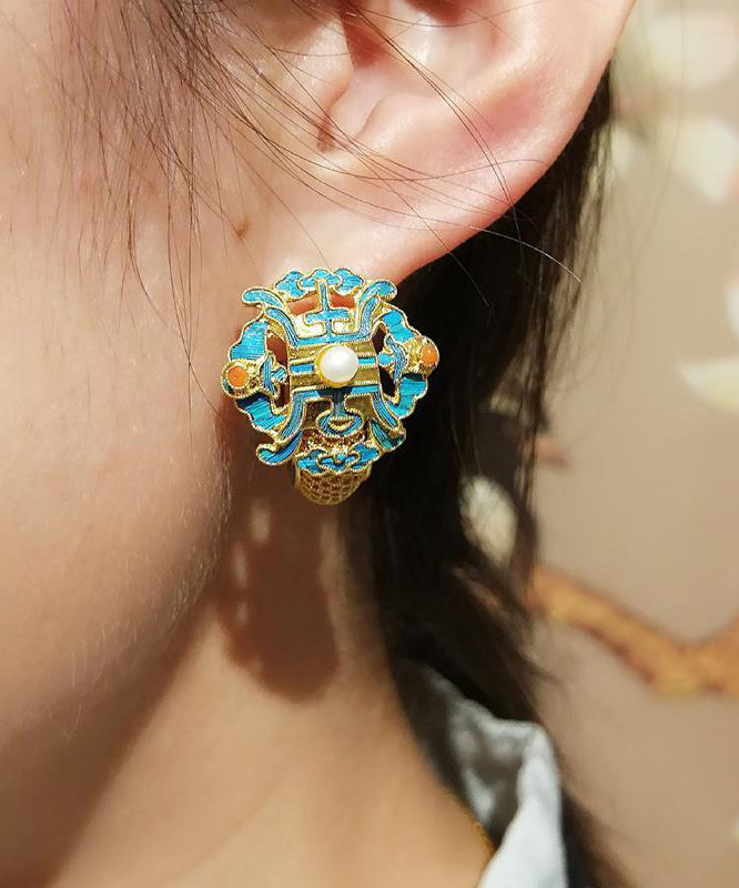Boucles d'oreilles créoles en or bleu ancien et perles cloisonnées - TrendAura