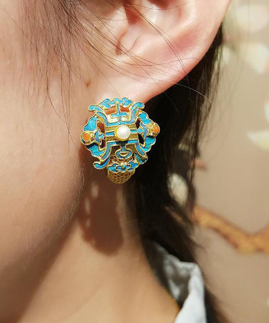 Boucles d'oreilles créoles en or bleu ancien et perles cloisonnées - TrendAura