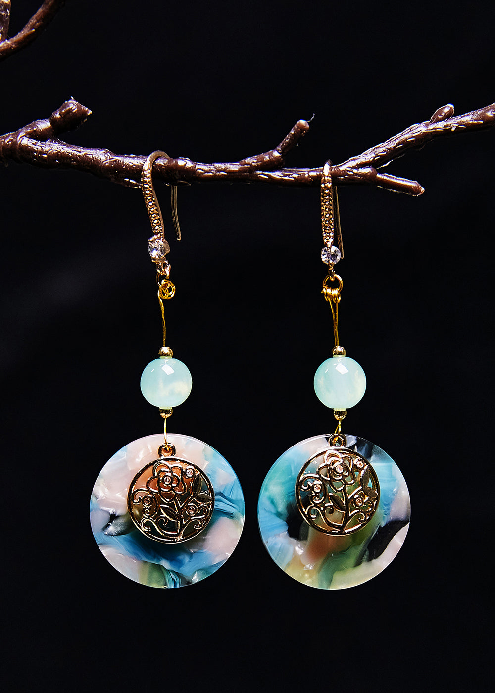 Boucles d'oreilles pendantes de style national en jade circulaire bleu fin - TrendAura