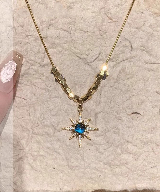 Collier pendentif étoile à huit barbes en cuivre bleu fin sur zircon doré - TrendAura