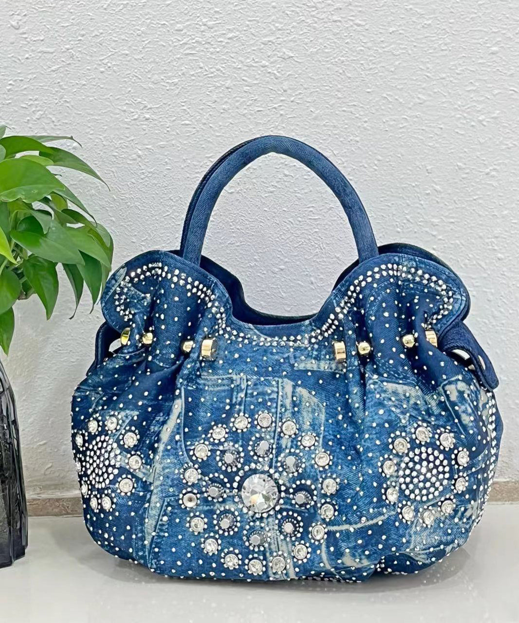 Sac fourre-tout en denim solide et durable avec zircon bleu fin - TrendAura