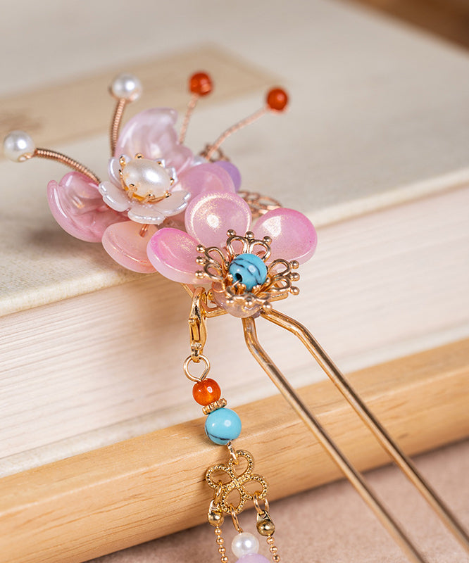 Épingle à cheveux à pompon floral en alliage de couleur turquoise et perle - TrendAura