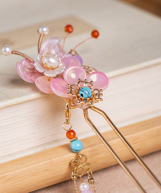 Épingle à cheveux à pompon floral en alliage de couleur turquoise et perle - TrendAura