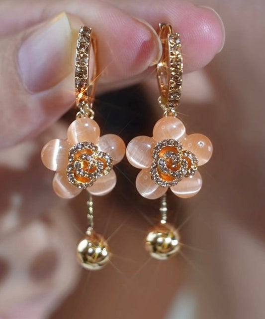 Boucles d'oreilles pendantes florales en alliage d'or fin et pierre œil de chat en zircon - TrendAura