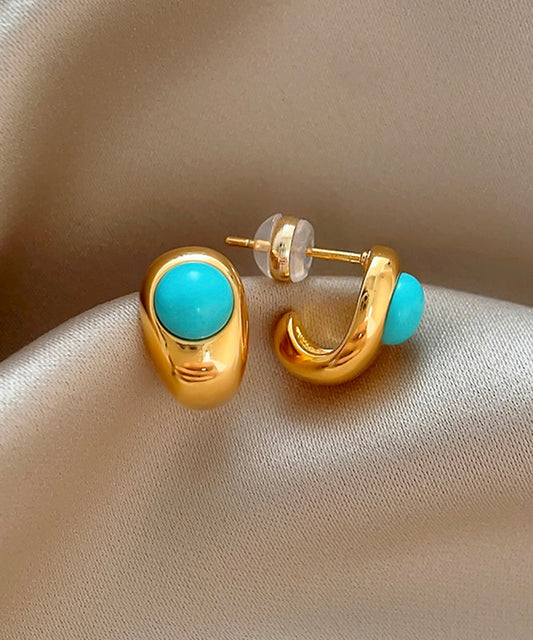 Boucles d'oreilles à tige en forme de C avec turquoise et alliage de cuivre doré fin - TrendAura