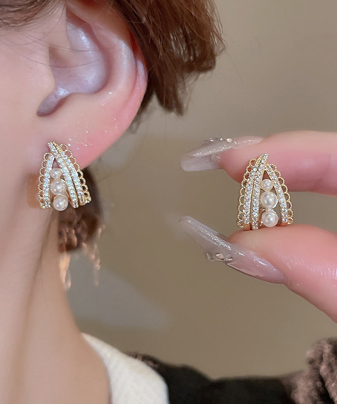 Boucles d'oreilles à tige en or fin, cuivre, perle et zircon - TrendAura