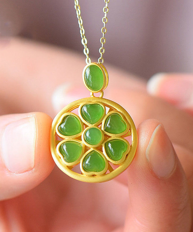 Collier pendentif trèfle à quatre feuilles en jade vert antique en forme de cœur - TrendAura