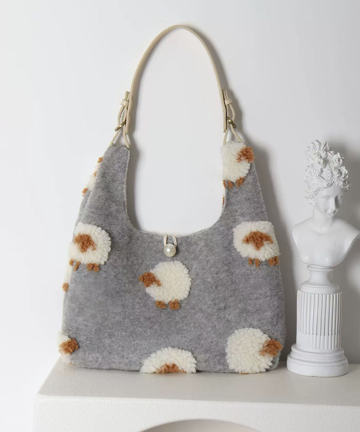Sacs à bandoulière en fourrure de mouton jacquard gris fin et duveteux - TrendAura