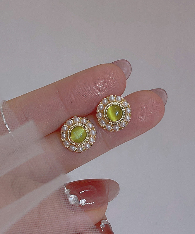 Boucles d'oreilles à tige en alliage de cuivre vert clair avec perles de zircon - TrendAura