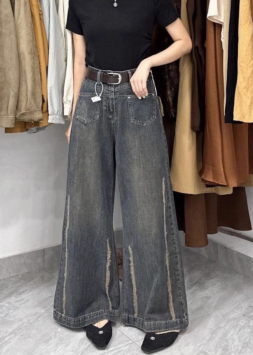 Pantalon large en denim patchwork à poches fines pour l'automne - TrendAura