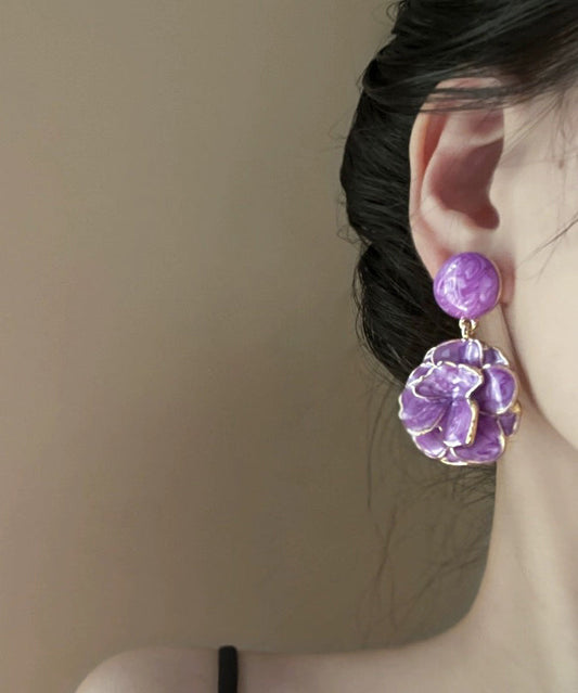 Boucles d'oreilles à tige en alliage d'argent sterling violet fin avec pendentif floral émaillé - TrendAura