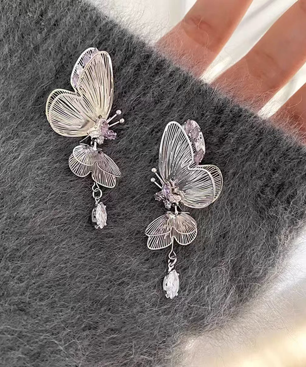 Boucles d'oreilles à tige creuses en soie fine avec zircon en forme de papillon - TrendAura