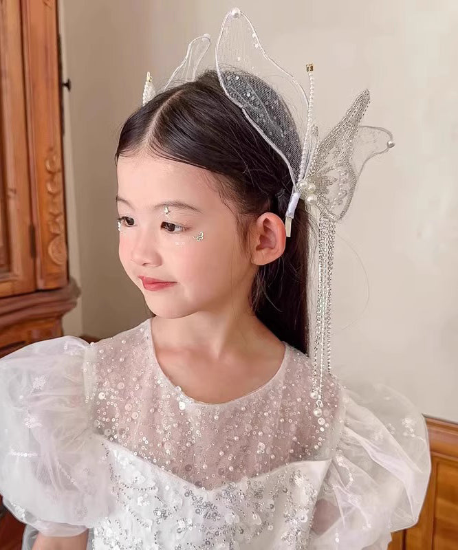 Épingle à cheveux pour enfants en alliage blanc fin avec papillon, tulle et perles - TrendAura