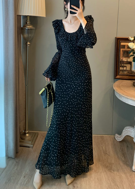 Robe moulante noire en mousseline imprimée à col en U et manches évasées - TrendAura
