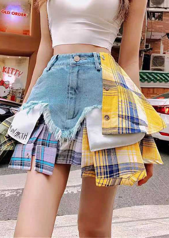 Jupes en jean bleu patchwork asymétriques ajustées pour l'été - TrendAura