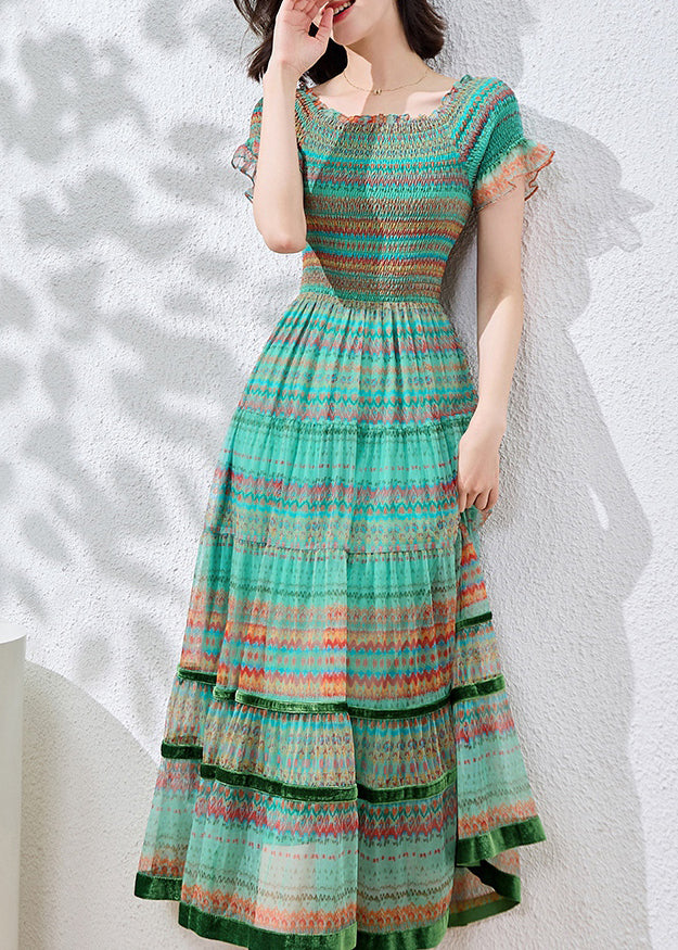Robe d'été en coton patchwork bleu à volants et imprimés - TrendAura