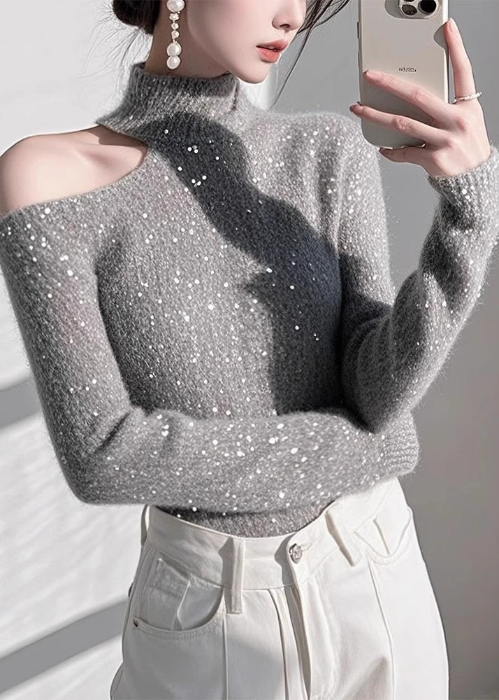 Pulls en tricot gris ajustés à épaules dénudées et paillettes, printemps - TrendAura