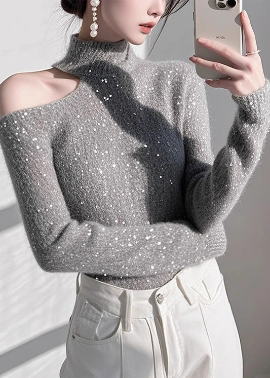 Pulls en tricot gris ajustés à épaules dénudées et paillettes, printemps - TrendAura