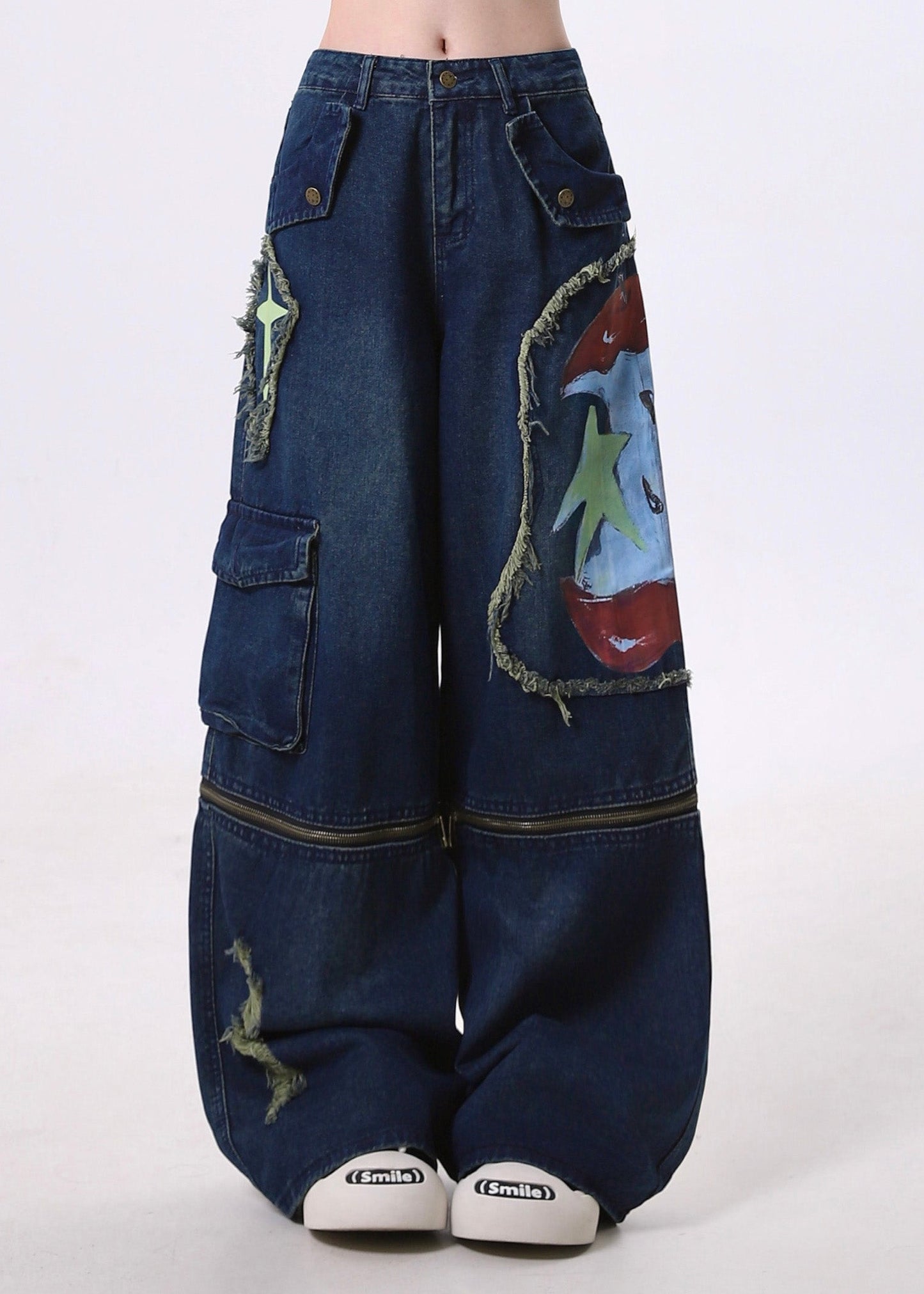 Pantalon en denim bleu marine ajusté, patchwork, déchiré des deux côtés, printemps - TrendAura