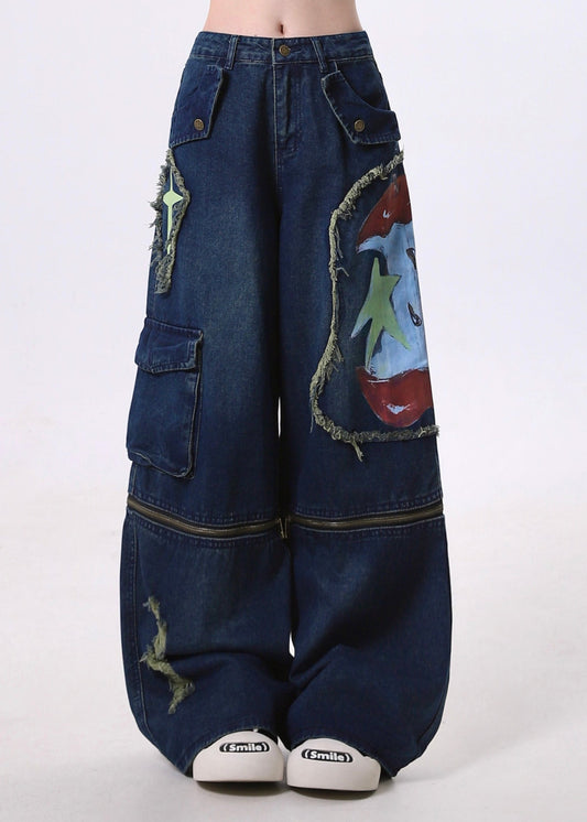 Pantalon en denim bleu marine ajusté, patchwork, déchiré des deux côtés, printemps - TrendAura
