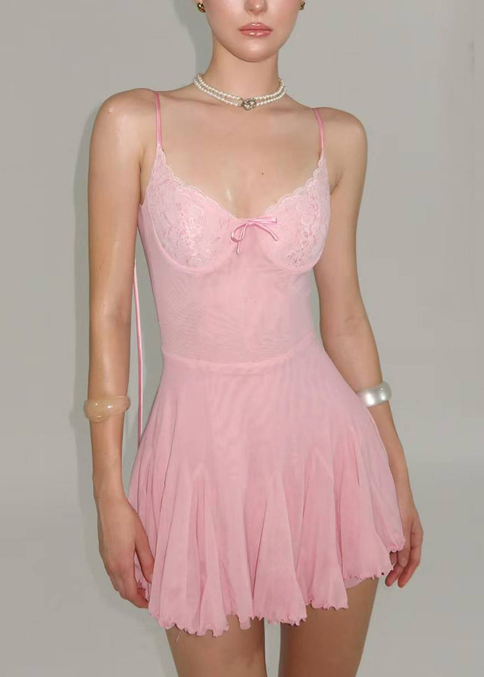 Mini-robes d'été en tulle rose, ajustées, dos nu, à lacets et patchwork - TrendAura