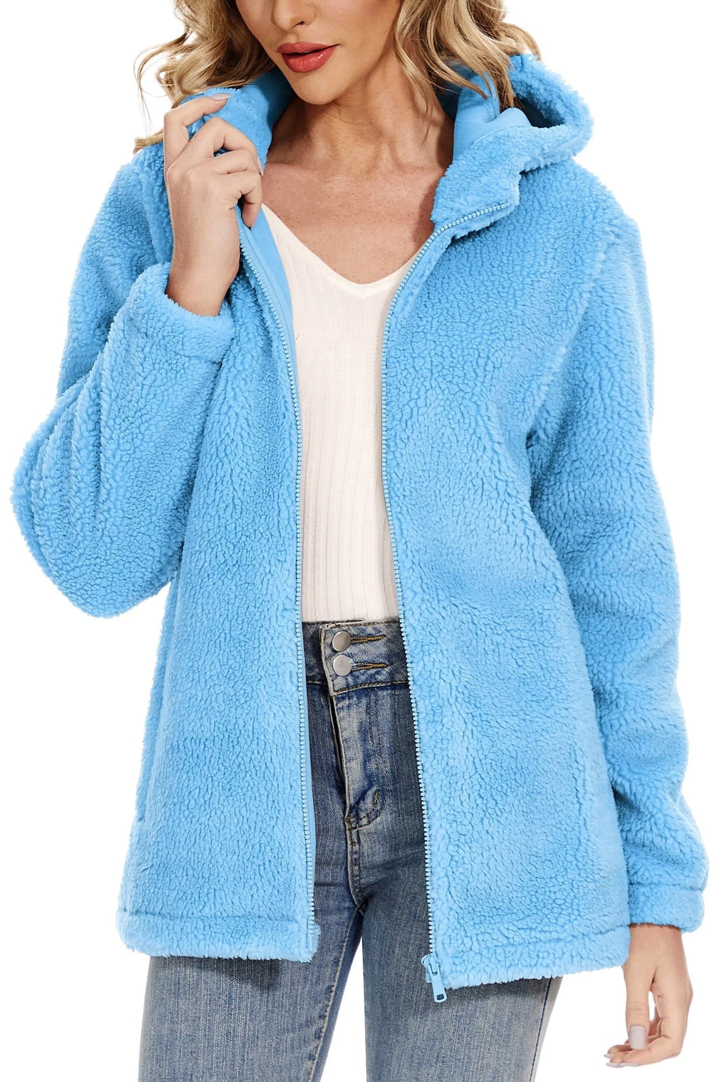 Fluffy fleece jacket for women with hood