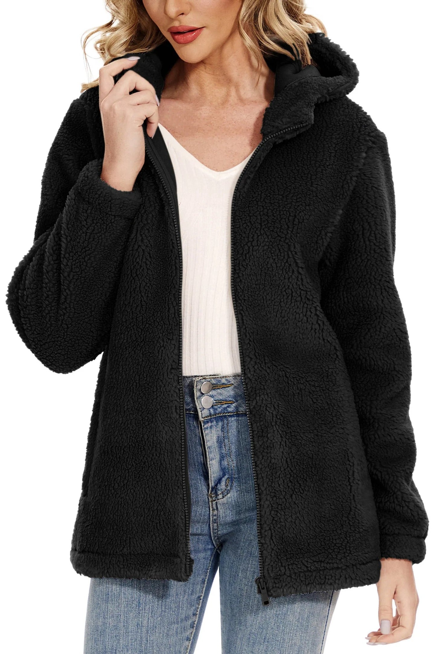 Fluffy fleece jacket for women with hood