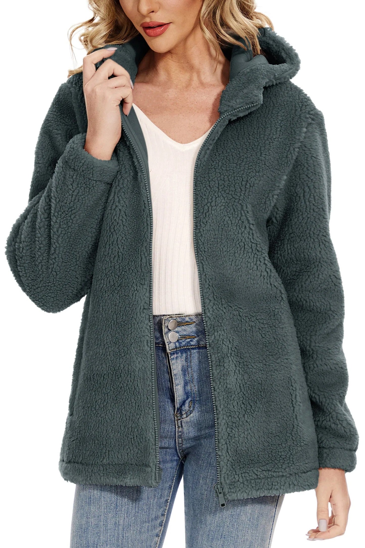 Fluffy fleece jacket for women with hood