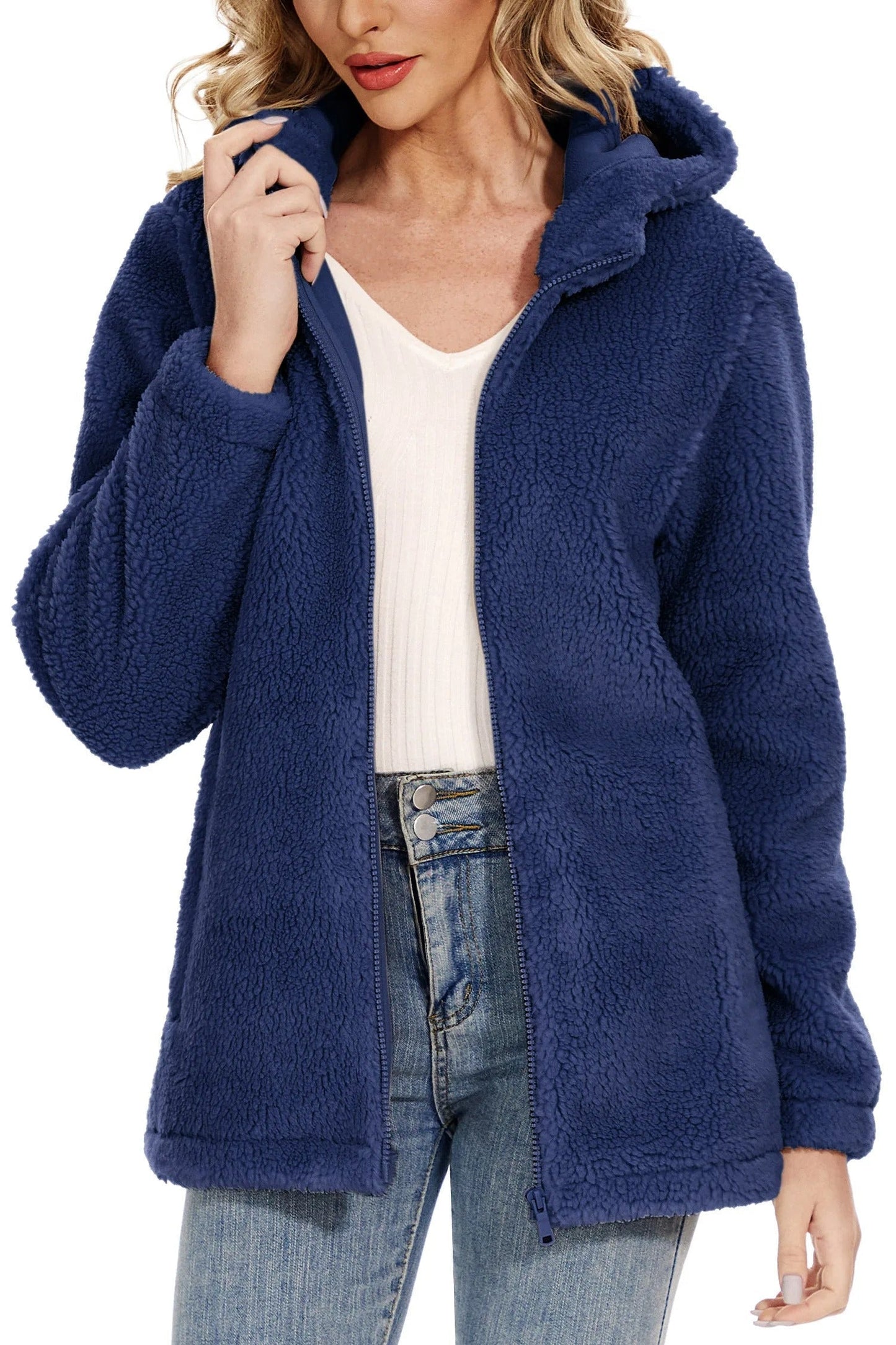 Fluffy fleece jacket for women with hood