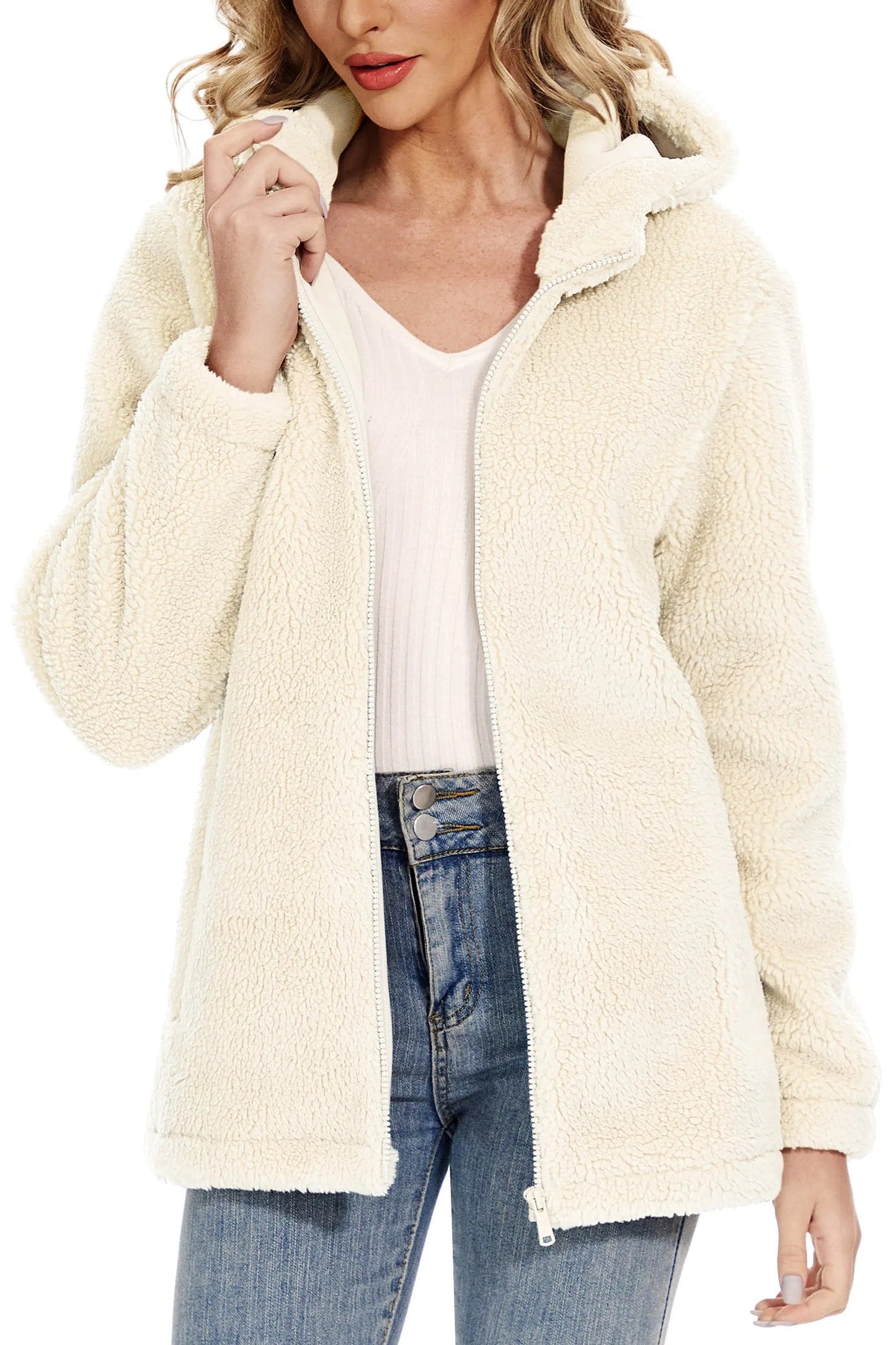 Fluffy fleece jacket for women with hood