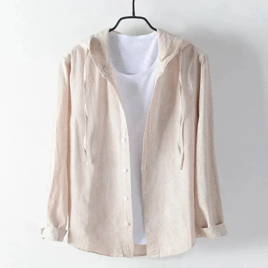 Fran Hooded Linen Shirt With Built-In White Tee And Drawstring Hood For Casual Beachwear By TrendAura