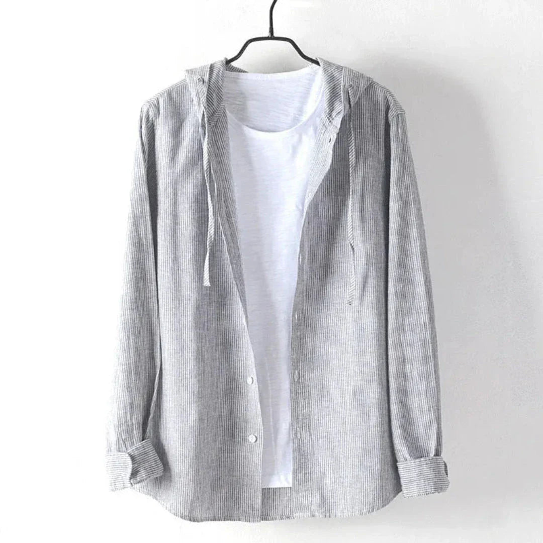 Fran Hooded Linen Shirt With Built-In White Tee And Drawstring Hood For Casual Beachwear By TrendAura