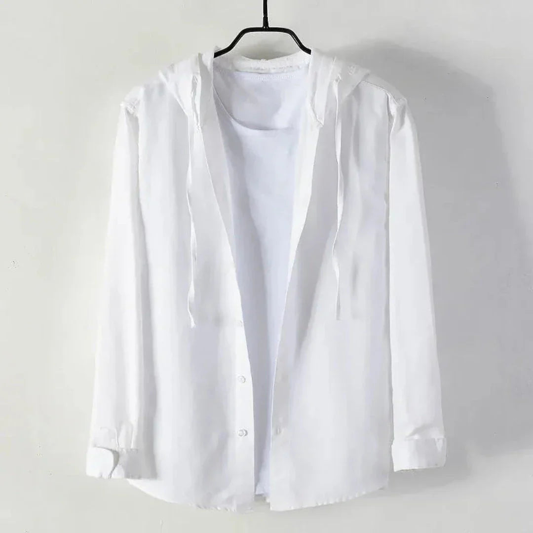 Fran Hooded Linen Shirt With Built-In White Tee And Drawstring Hood For Casual Beachwear By TrendAura