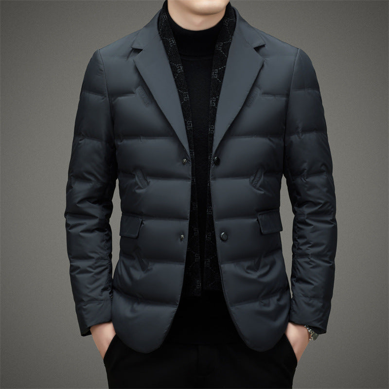 Mens Black Down Jacket Blazer With Tailored Fit Double Breasted Quilted Business Style Coat