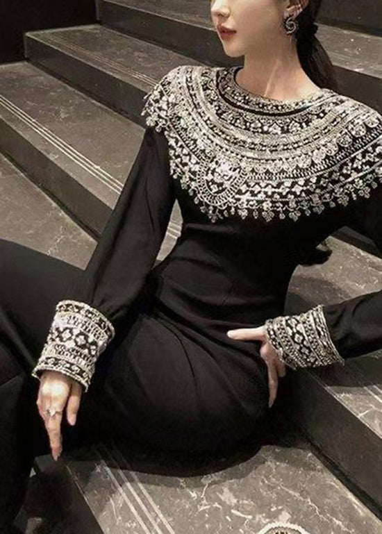 Robe de soirée noire française en coton patchwork avec col rond et zircons, printemps - TrendAura