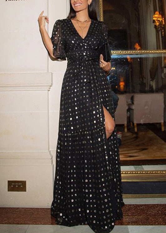 Robe de soirée en mousseline de soie noire à col en V et ourlet extra large pour l'été - TrendAura