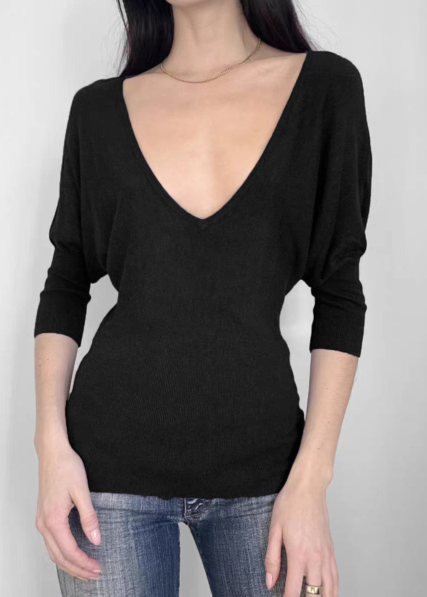 Chemise en tricot noire française à col en V et manches chauve-souris - TrendAura