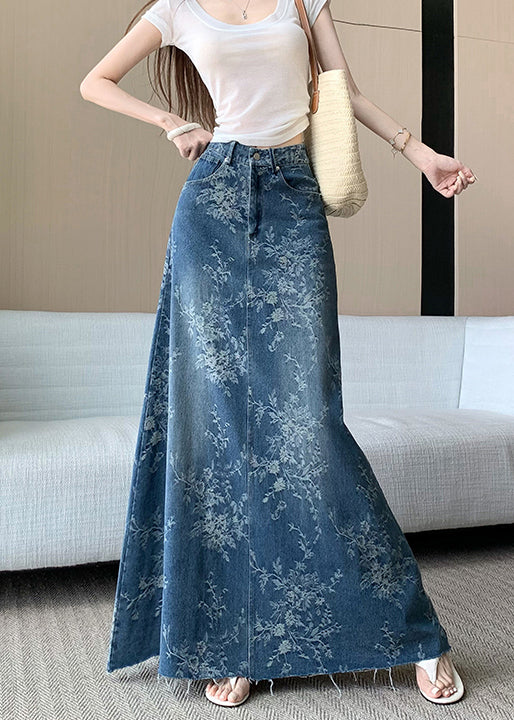 Jupes en jean bleu français taille haute avec poches brodées pour l'automne - TrendAura