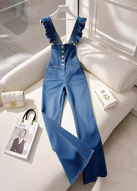 Combinaison salopette en jean bleu français à volants pour l'automne - TrendAura
