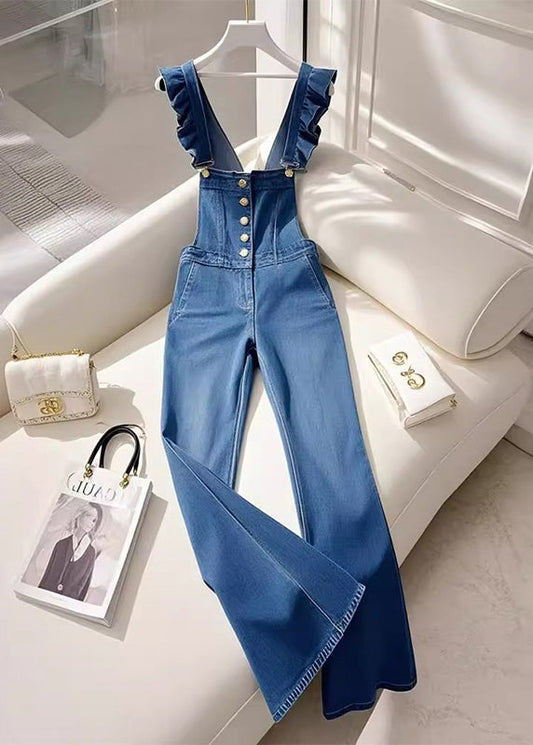 Combinaison salopette en jean bleu français à volants pour l'automne - TrendAura