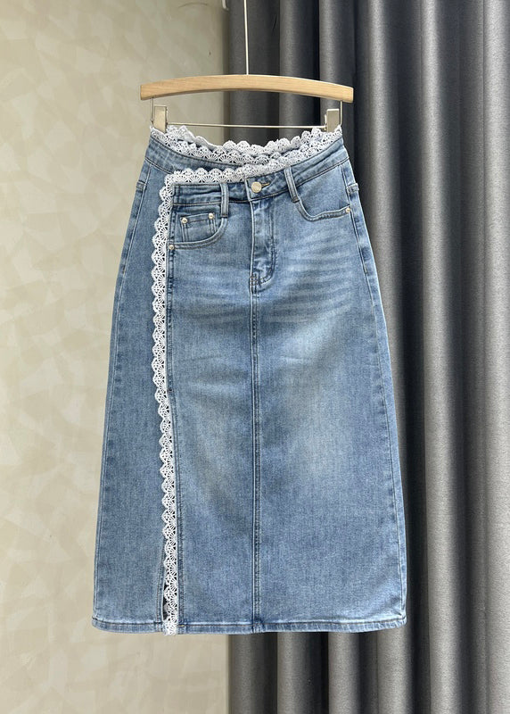 Jupes en jean patchwork en dentelle bleue française ouvertes sur le côté pour l'automne - TrendAura