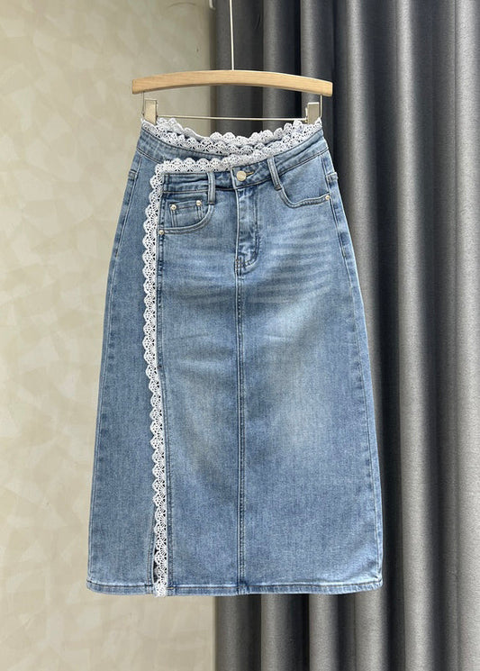 Jupes en jean patchwork en dentelle bleue française ouvertes sur le côté pour l'automne - TrendAura