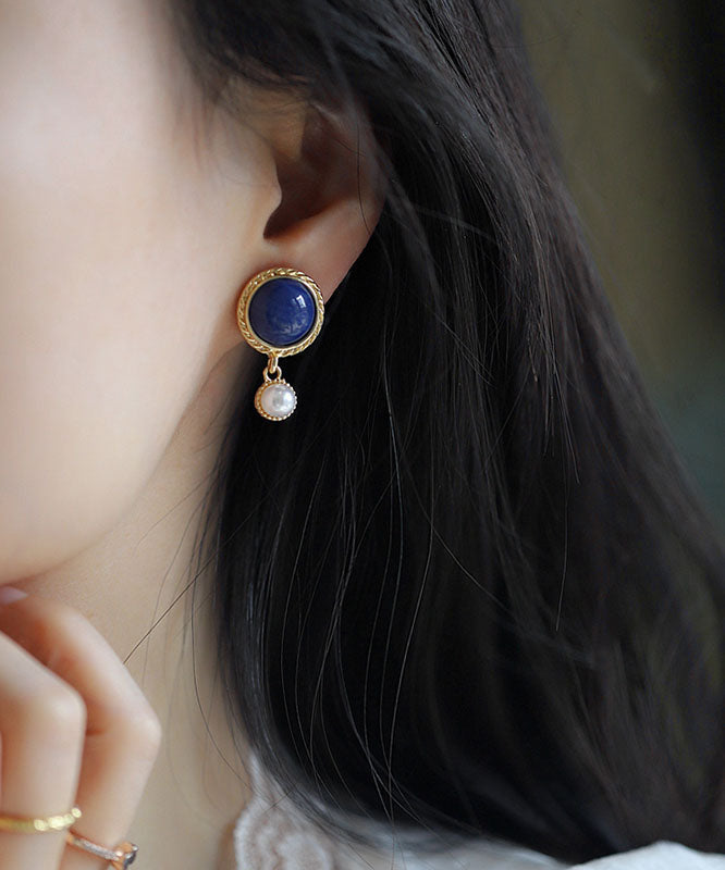 Boucles d'oreilles à tige en alliage d'argent sterling et perles bleues françaises - TrendAura