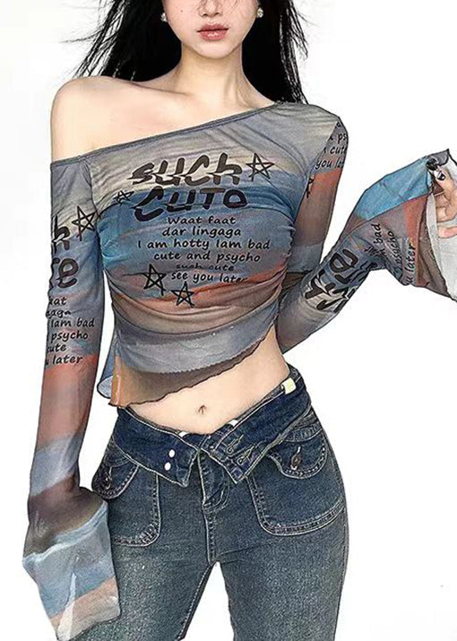 T-shirt français en tulle imprimé à épaules dénudées et manches évasées - TrendAura